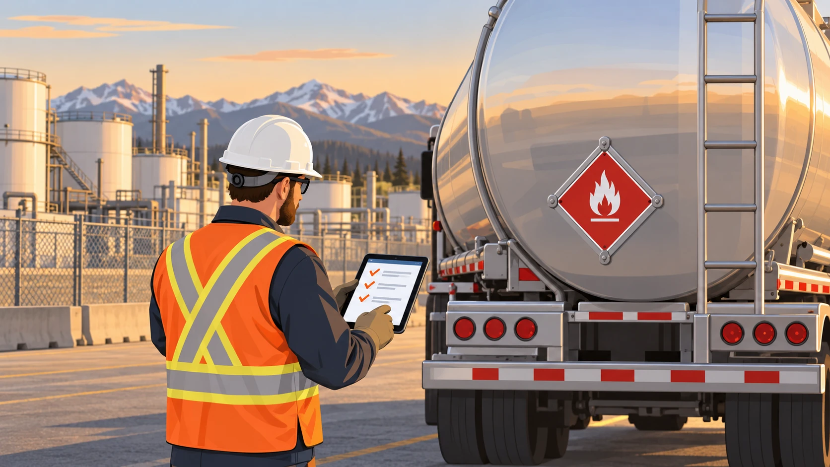 Driver checking a dangerous goods placard on a truck in Alberta