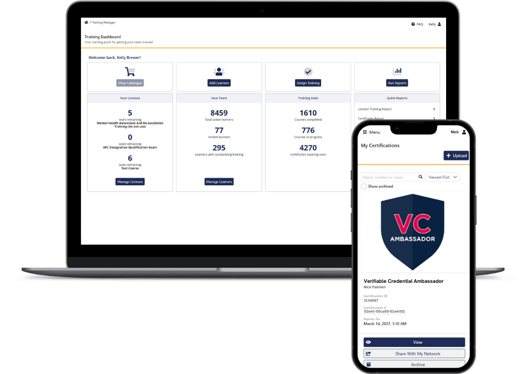 Training dashboard on a laptop and certifications on a phone